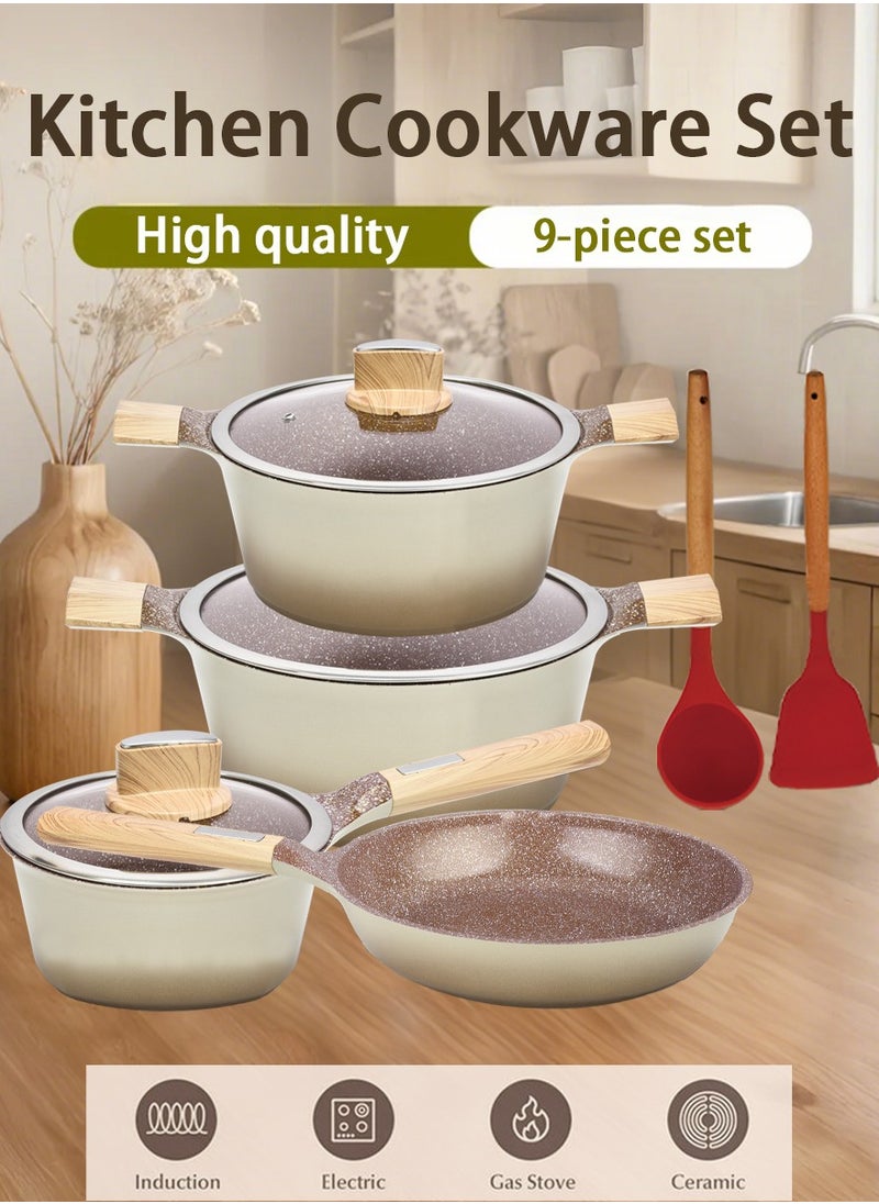 BMN 9-piece Non-stick Cookware Set, Granite Coated Non-stick Kitchen Cooking Set, Pfoa-free Kitchen Item, Durable Handles, Suitable For All Stoves (Gas, Electric And Induction), Brown  - Image 1