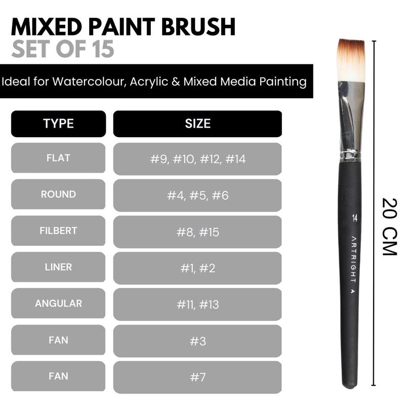 ArtRight Mix Artist Paintbrush Set of 15, Handmade Professional Brush for Acrylic, Watercolor & Gouache Painting, Best for Beginner & Professional, Flat, Fan, Round, Liner Brushes - Image 2