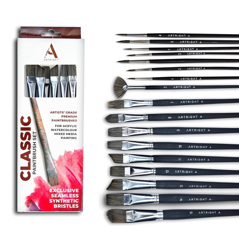 ArtRight Mix Artist Paintbrush Set of 15, Handmade Professional Brush for Acrylic, Watercolor & Gouache Painting, Best for Beginner & Professional, Flat, Fan, Round, Liner Brushes - Image 1