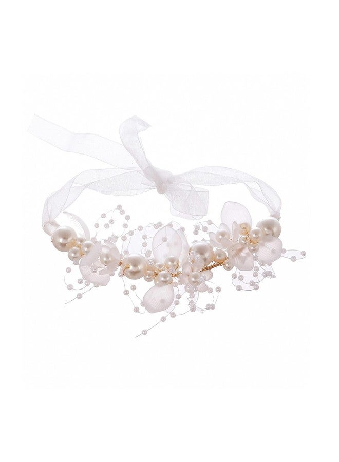 Ashkash 1Pcs Adjustable Pearl & Crystal Wrist Corsage Bridesmaid Lace-up Bracelet Headband Beautiful Children Hand Flower Decor Photo Props Wedding Accessories (White, Free Size) - Image 1