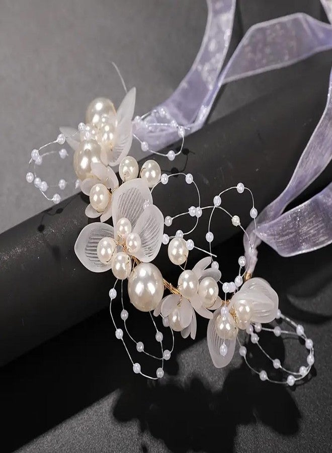 Ashkash 1Pcs Adjustable Pearl & Crystal Wrist Corsage Bridesmaid Lace-up Bracelet Headband Beautiful Children Hand Flower Decor Photo Props Wedding Accessories (White, Free Size) - Image 4