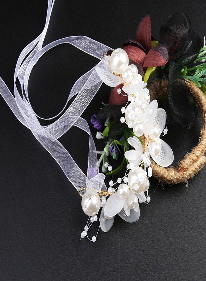 Ashkash 1Pcs Adjustable Pearl & Crystal Wrist Corsage Bridesmaid Lace-up Bracelet Headband Beautiful Children Hand Flower Decor Photo Props Wedding Accessories (White, Free Size) - Image 3