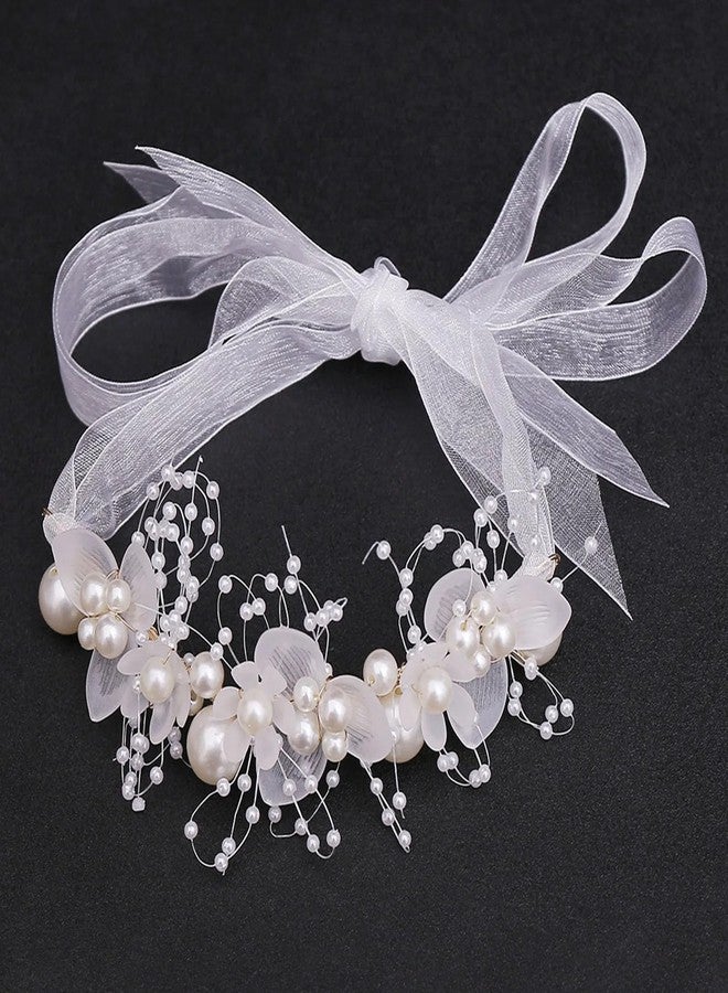 Ashkash 1Pcs Adjustable Pearl & Crystal Wrist Corsage Bridesmaid Lace-up Bracelet Headband Beautiful Children Hand Flower Decor Photo Props Wedding Accessories (White, Free Size) - Image 5