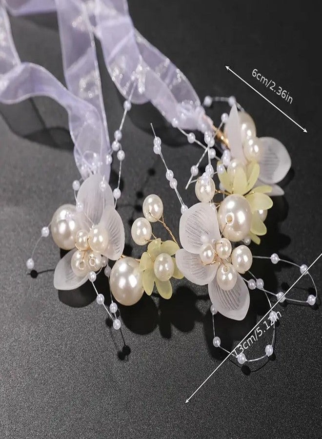 Ashkash 1Pcs Adjustable Pearl & Crystal Wrist Corsage Bridesmaid Lace-up Bracelet Headband Beautiful Children Hand Flower Decor Photo Props Wedding Accessories (White, Free Size) - Image 2
