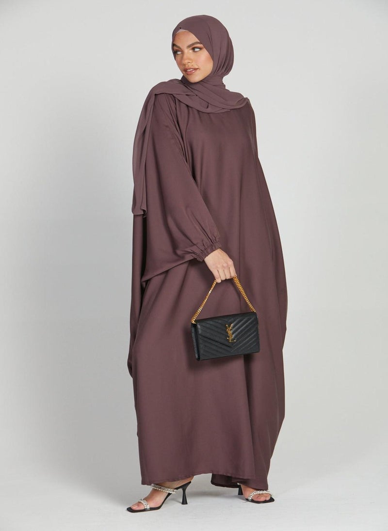 NUKHBAA Elegant Brown plain abaya wityh belt and Hijab-AB43  - Image 1