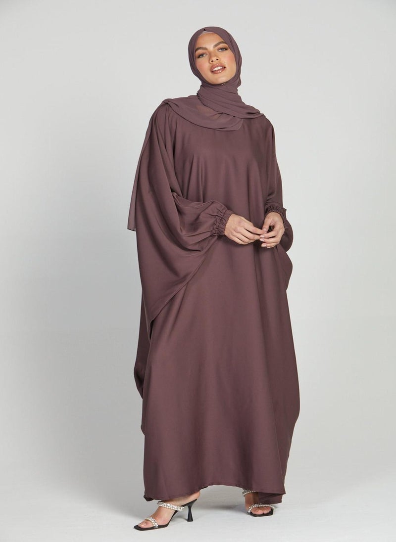 NUKHBAA Elegant Brown plain abaya wityh belt and Hijab-AB43  - Image 2