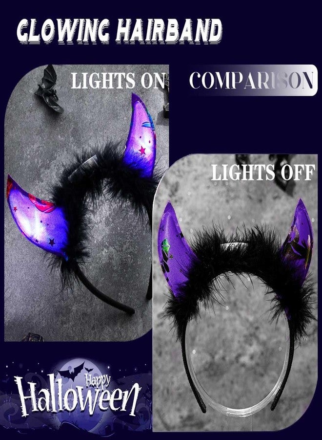 أسورنا طوق رأس مضيء على شكل شيطان من Aceorna، طوق شعر على شكل قرن LED، طوق رأس أسود لامع على شكل شيطان، إكسسوارات شعر للهالوين للنساء (بنفسجي، مقاس واحد) - Image 5