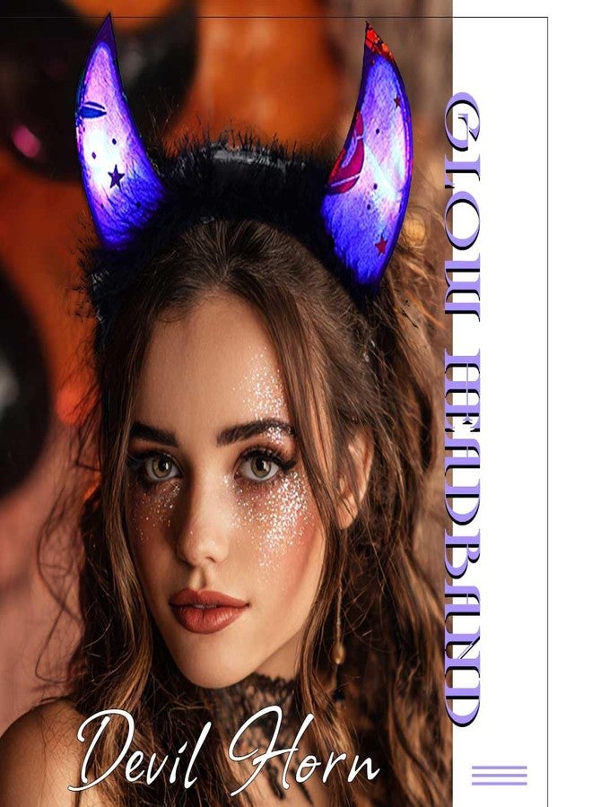 أسورنا طوق رأس مضيء على شكل شيطان من Aceorna، طوق شعر على شكل قرن LED، طوق رأس أسود لامع على شكل شيطان، إكسسوارات شعر للهالوين للنساء (بنفسجي، مقاس واحد) - Image 4