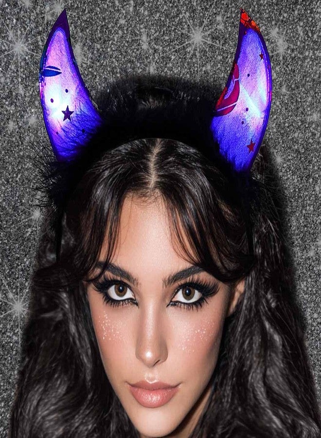 أسورنا طوق رأس مضيء على شكل شيطان من Aceorna، طوق شعر على شكل قرن LED، طوق رأس أسود لامع على شكل شيطان، إكسسوارات شعر للهالوين للنساء (بنفسجي، مقاس واحد) - Image 1