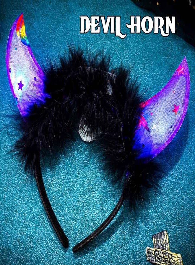 أسورنا طوق رأس مضيء على شكل شيطان من Aceorna، طوق شعر على شكل قرن LED، طوق رأس أسود لامع على شكل شيطان، إكسسوارات شعر للهالوين للنساء (بنفسجي، مقاس واحد) - Image 2