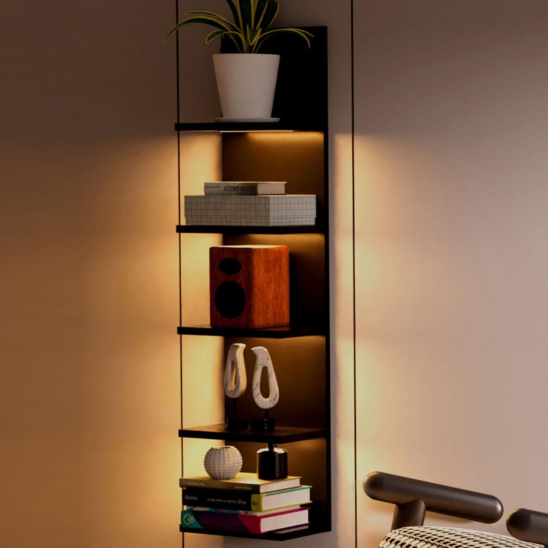 Homaterial وحدة رفوف حائط 5 طبقات باللون الأسود بتصميم عصري رفوف حائط عمودية مع إضاءة رفوف عائمة لتزيين المنزل لغرفة النوم وغرفة المعيشة وتخزين وعرض الزينة