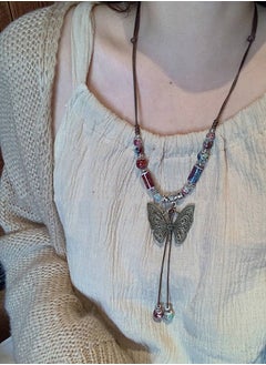 Generic Butterfly Necklace Bohemian Vintage Butterfly Braid Rope Long Ceramic Bead Pendant Necklace Boho Ethnic Hippie Jewelry Gift for Women  - Image 5