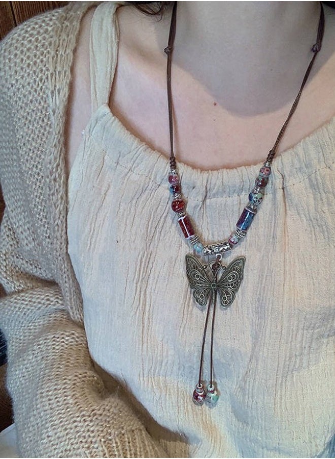 Generic Butterfly Necklace Bohemian Vintage Butterfly Braid Rope Long Ceramic Bead Pendant Necklace Boho Ethnic Hippie Jewelry Gift for Women  - Image 5