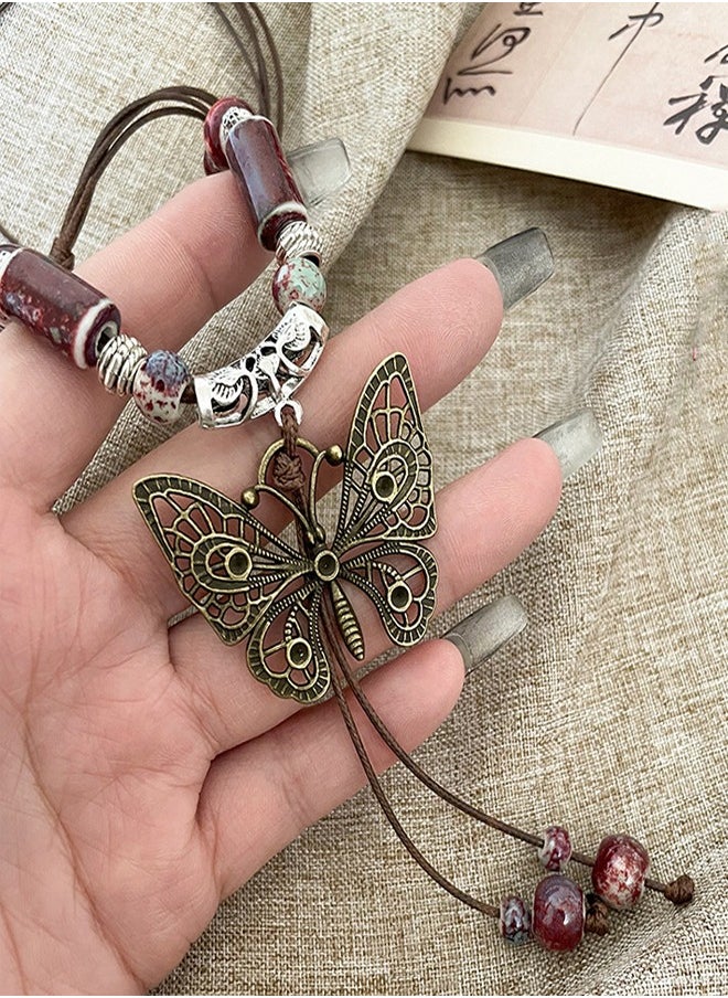 Generic Butterfly Necklace Bohemian Vintage Butterfly Braid Rope Long Ceramic Bead Pendant Necklace Boho Ethnic Hippie Jewelry Gift for Women  - Image 4