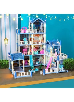 Beauenty Dollhouse，4 Floors Huge Dollhouse Play Set with 11 Rooms 2 doll 2 Color Light Strips with Lights to Assemble Kitchen, Bedroom, Furniture, Garden,Pets DIY Pretend Play Doll House for Girls (Blue)  - Image 1