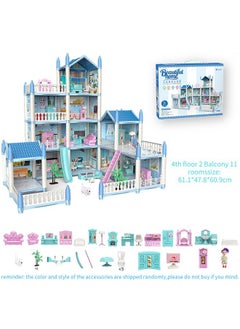 Beauenty Dollhouse，4 Floors Huge Dollhouse Play Set with 11 Rooms 2 doll 2 Color Light Strips with Lights to Assemble Kitchen, Bedroom, Furniture, Garden,Pets DIY Pretend Play Doll House for Girls (Blue)  - Image 2