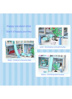 Beauenty Dollhouse，4 Floors Huge Dollhouse Play Set with 11 Rooms 2 doll 2 Color Light Strips with Lights to Assemble Kitchen, Bedroom, Furniture, Garden,Pets DIY Pretend Play Doll House for Girls (Blue)  - Image 3