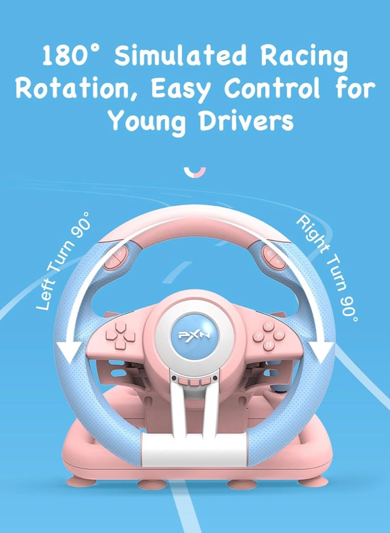 PXN V3 Pro Gaming Steering Wheel with Pedals, 180 Degree Racing Wheel, Vibration Feedback for PC PS3 PS4 Xbox One & Series X|S Switch, Pink - Image 2