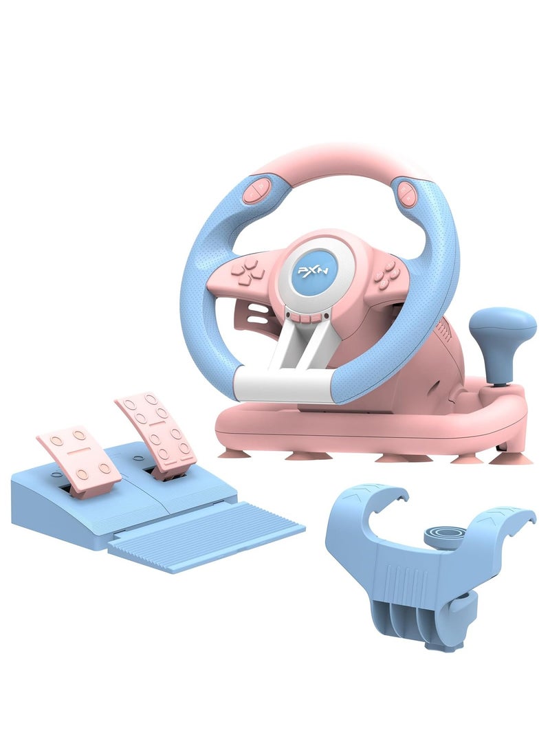 PXN V3 Pro Gaming Steering Wheel with Pedals, 180 Degree Racing Wheel, Vibration Feedback for PC PS3 PS4 Xbox One & Series X|S Switch, Pink - Image 1
