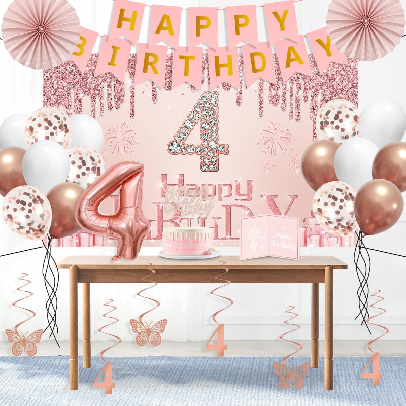 Juesly 4th Birthday Decorations for Girls,32PCS 4 year old Birthday Party Decorations,Including Backdrop, Crown, Sash, banner, Hanging Swirl,Cake Topper,Paper Fans,balloons and Anniversary Card - Image 5
