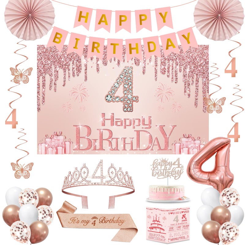 Juesly 4th Birthday Decorations for Girls,32PCS 4 year old Birthday Party Decorations,Including Backdrop, Crown, Sash, banner, Hanging Swirl,Cake Topper,Paper Fans,balloons and Anniversary Card - Image 1