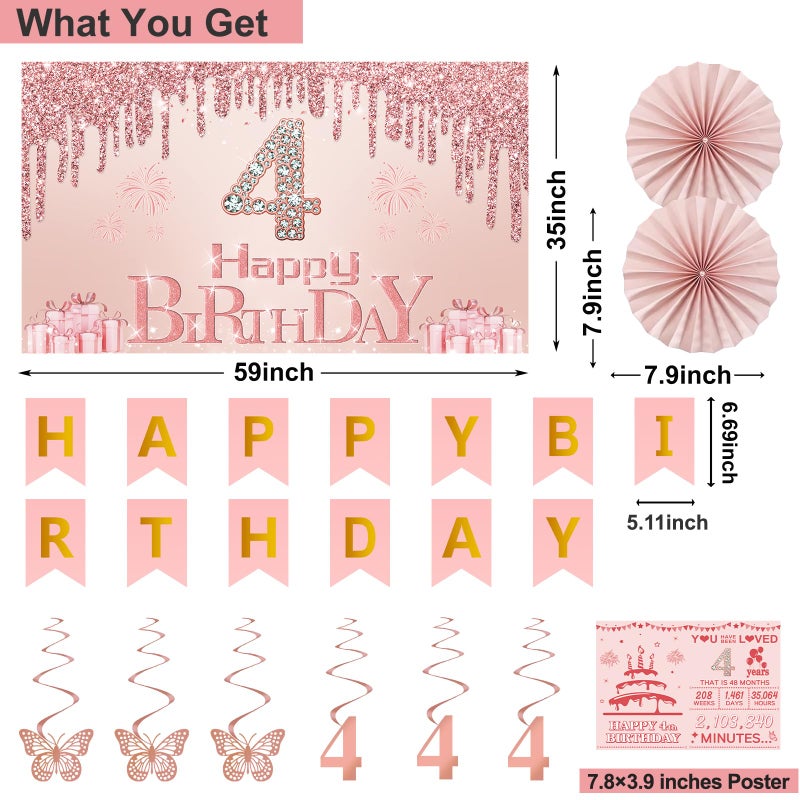 Juesly 4th Birthday Decorations for Girls,32PCS 4 year old Birthday Party Decorations,Including Backdrop, Crown, Sash, banner, Hanging Swirl,Cake Topper,Paper Fans,balloons and Anniversary Card - Image 2
