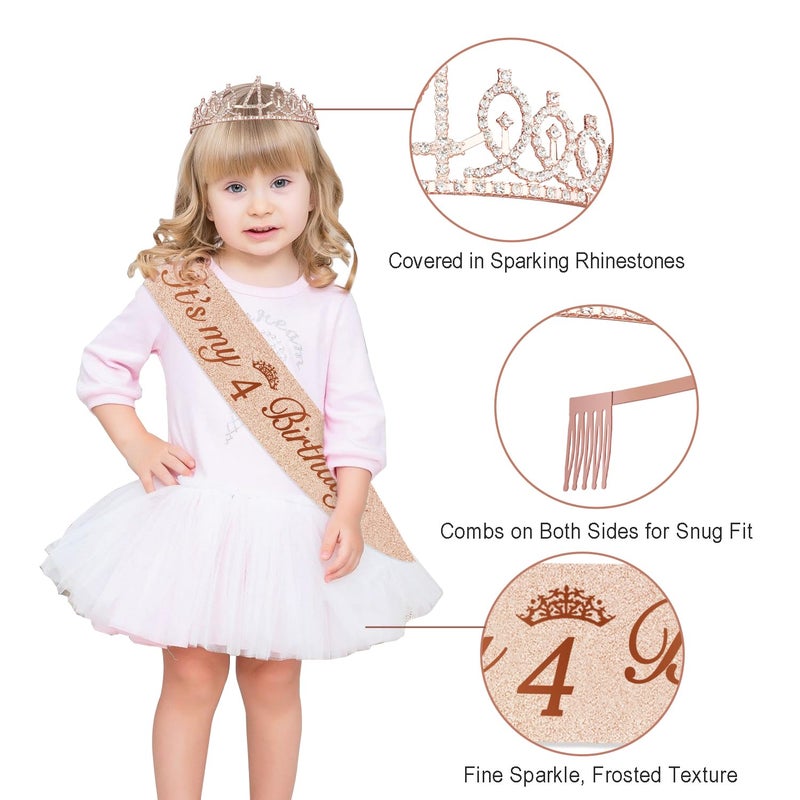 Juesly 4th Birthday Decorations for Girls,32PCS 4 year old Birthday Party Decorations,Including Backdrop, Crown, Sash, banner, Hanging Swirl,Cake Topper,Paper Fans,balloons and Anniversary Card - Image 4