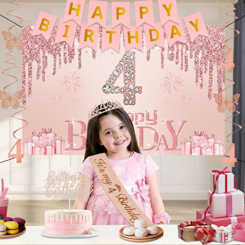 Juesly 4th Birthday Decorations for Girls,32PCS 4 year old Birthday Party Decorations,Including Backdrop, Crown, Sash, banner, Hanging Swirl,Cake Topper,Paper Fans,balloons and Anniversary Card - Image 3