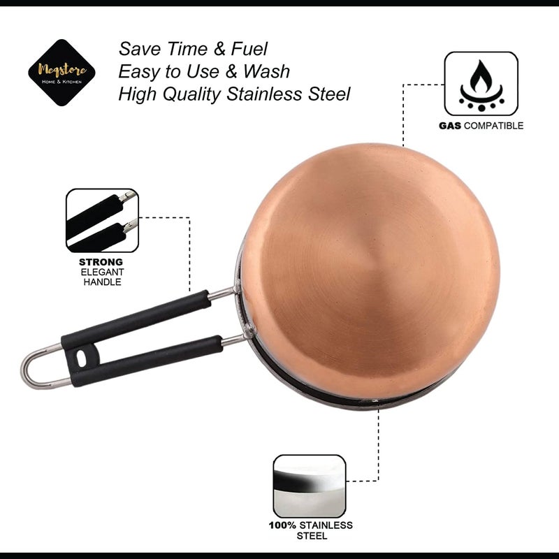 BPE Stainless Steel Copper Coated Bottom Flat Induction Base Saucepan, Milk Tea Coffee Pan Pot Tapeli Patila Cookware Container with Handle Combo (1Ltr, 1.5Ltr) - Image 3