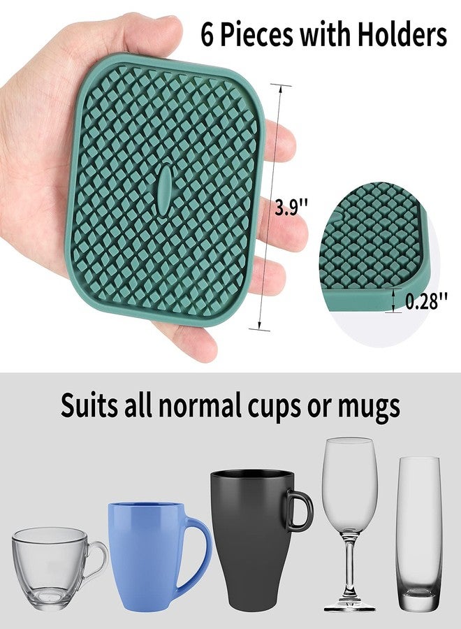 ME.FAN Silicone Coasters with Holder [6 Pack] Square Drink Cup Mat - Non-Slip, Non-stick, Stay Put, Deep Tray - Prevents Furniture and Tabletop Damages Black - Image 3
