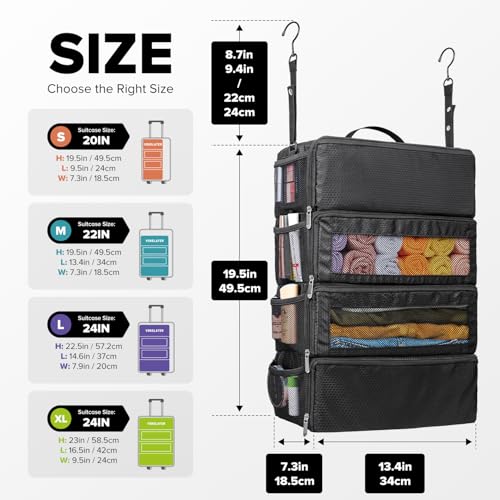 Vokelater Suitcase Organizer - Travel Luggage Organizer with Hanging Shelves & Packing Cubes - Collapsible, Portable, Carry-on, Medium, Black - Image 2