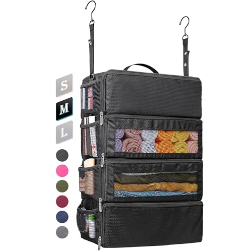Vokelater Suitcase Organizer - Travel Luggage Organizer with Hanging Shelves & Packing Cubes - Collapsible, Portable, Carry-on, Medium, Black - Image 1