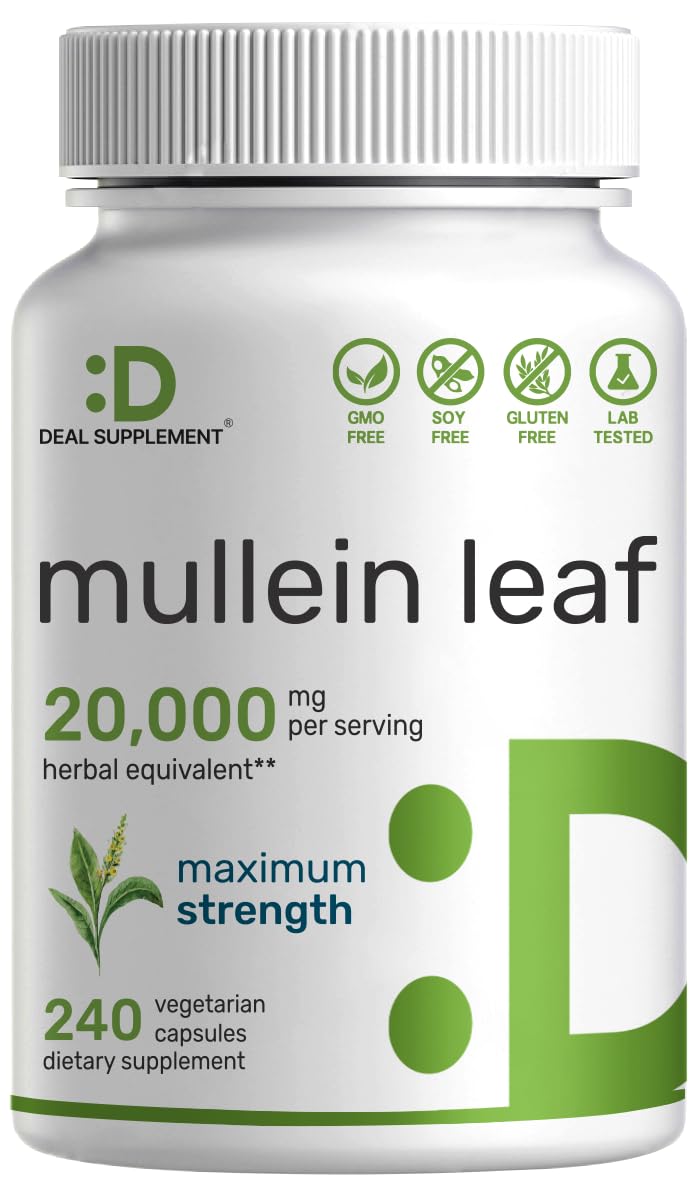 DEAL SUPPLEMENT Mullein Leaf Extract 20000mg 240 Veggie Capsules 4 Month Supply Lung Cleanse Detox Herbal Supplement Supports Respiratory Immune Health NonGMO Vegan