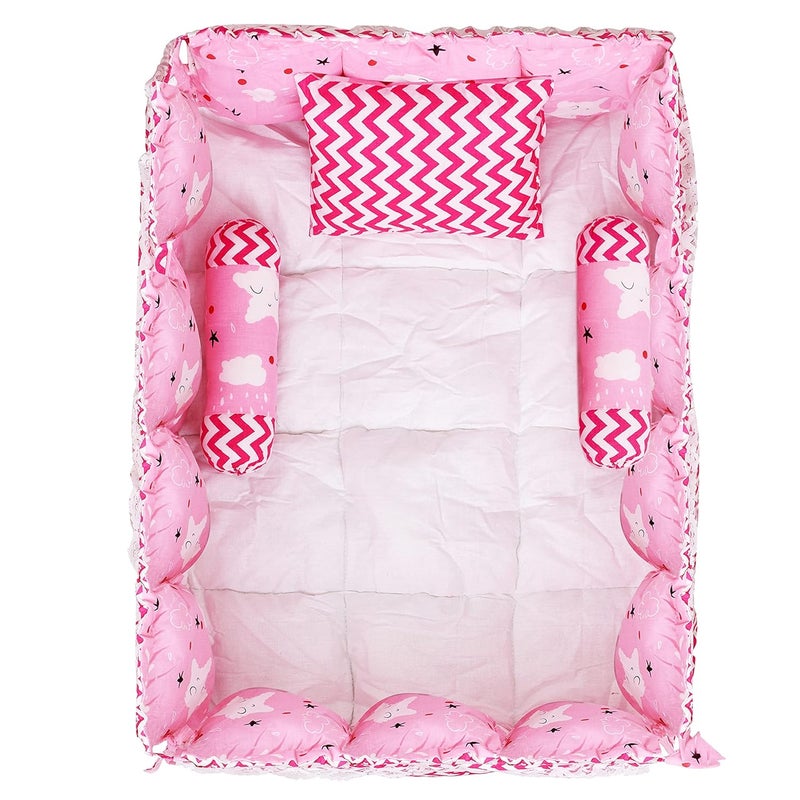 LOREM Pink 3 Pillows Square Shape Cotton Baby Bed for 01 Year BB18CMC - Image 1