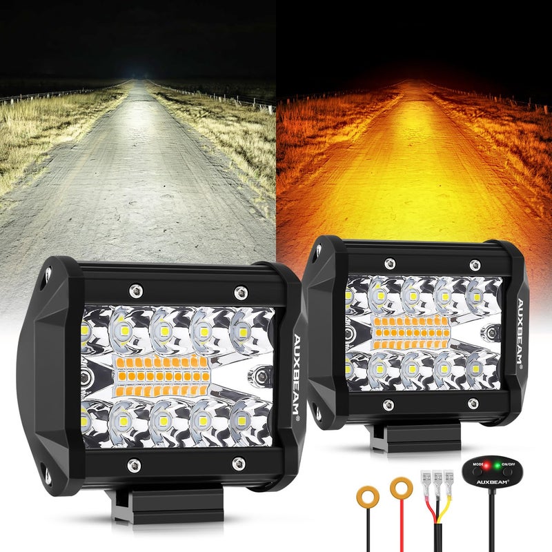 Auxbeam 6 Modes Amber White Series 4 Inch 120W Strobe LED Pod Lights Dual Color Auxiliary Offroad Light Bar Spot Flood Combo Flashing Fog Lights APillar Bumper Grille Mount Pair
