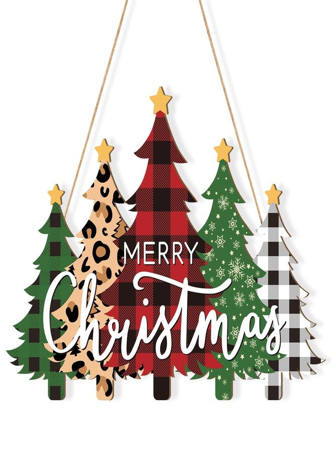 Sophena Wooden Christmas Tree Door Wreath for Front Door Sign Wall Signs, Merry Christmas Sign Black White Buffalo Plaid Welcome Hanging for Home Wall Decor Xmas Party Outdoor Indoor Supply - Image 1