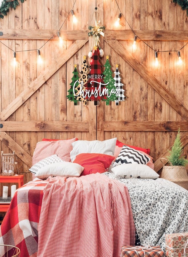 Sophena Wooden Christmas Tree Door Wreath for Front Door Sign Wall Signs, Merry Christmas Sign Black White Buffalo Plaid Welcome Hanging for Home Wall Decor Xmas Party Outdoor Indoor Supply - Image 3