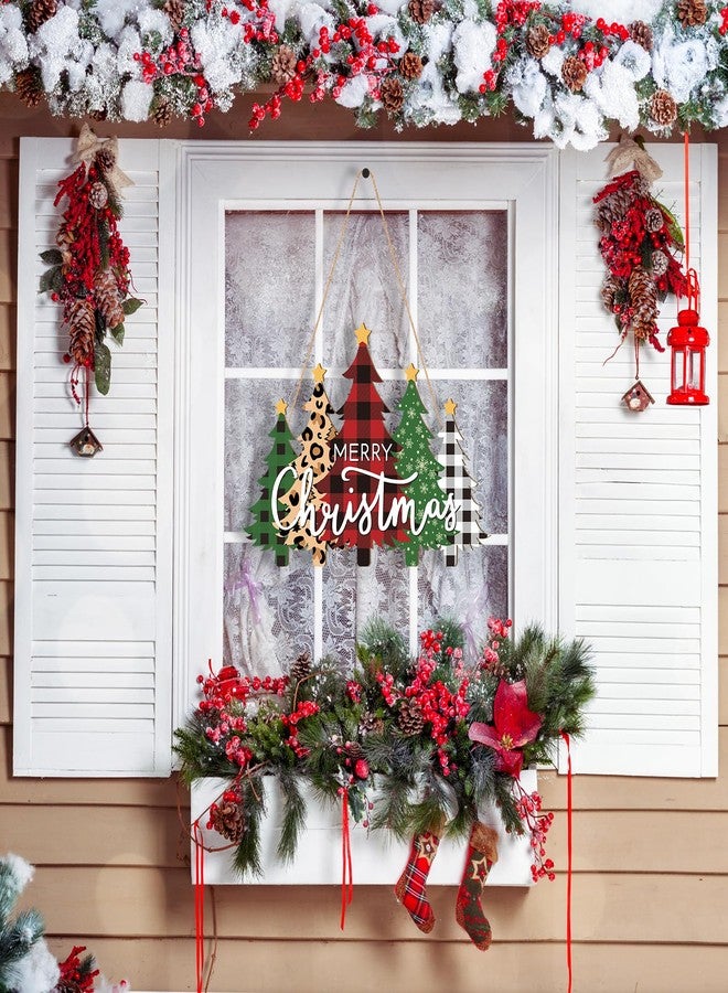 Sophena Wooden Christmas Tree Door Wreath for Front Door Sign Wall Signs, Merry Christmas Sign Black White Buffalo Plaid Welcome Hanging for Home Wall Decor Xmas Party Outdoor Indoor Supply - Image 5