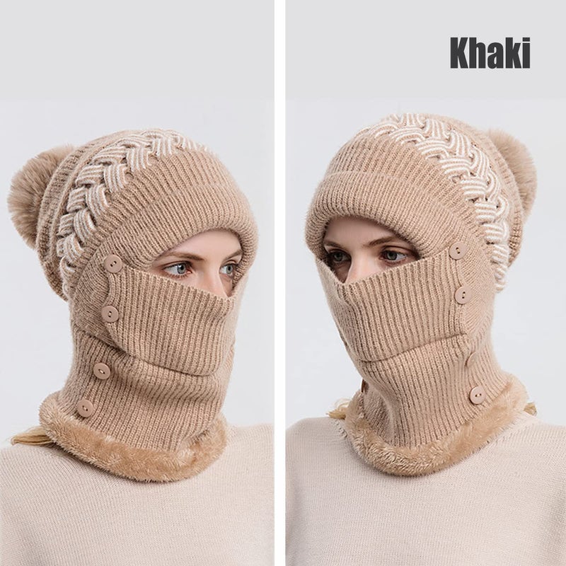 Tandarui Scarf Hats Set for Women,Winter Warmer Beanie Hats One-Piece Fleece Lined Knit Balaclavas Mask Set Neck Circle Scarf Ski Snow Hat Cap With Pompom(Khaki) - Image 3