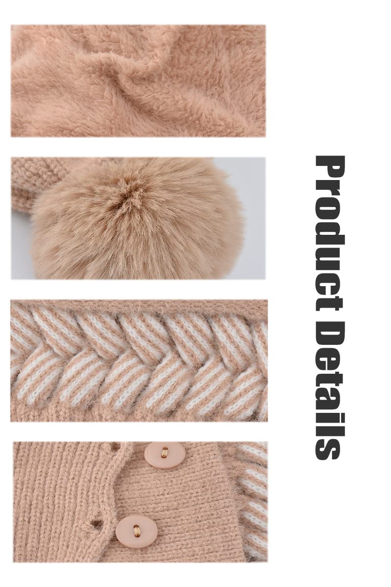 Tandarui Scarf Hats Set for Women,Winter Warmer Beanie Hats One-Piece Fleece Lined Knit Balaclavas Mask Set Neck Circle Scarf Ski Snow Hat Cap With Pompom(Khaki) - Image 4