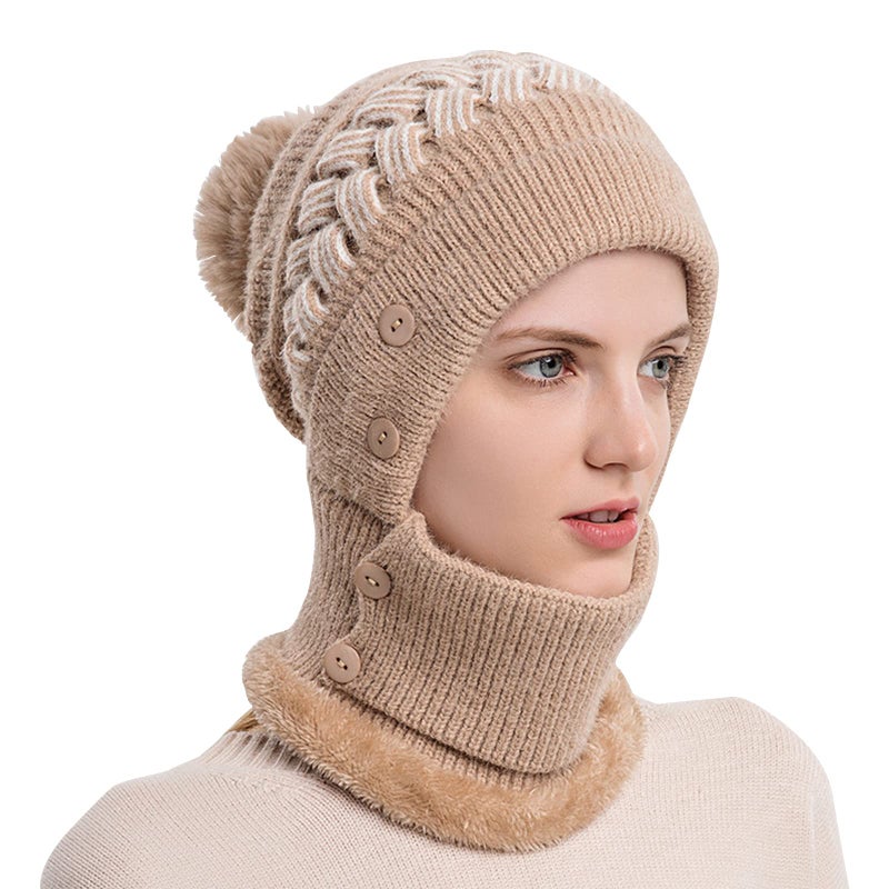 Tandarui Scarf Hats Set for Women,Winter Warmer Beanie Hats One-Piece Fleece Lined Knit Balaclavas Mask Set Neck Circle Scarf Ski Snow Hat Cap With Pompom(Khaki) - Image 1