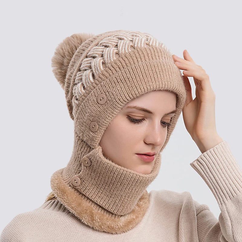 Tandarui Scarf Hats Set for Women,Winter Warmer Beanie Hats One-Piece Fleece Lined Knit Balaclavas Mask Set Neck Circle Scarf Ski Snow Hat Cap With Pompom(Khaki) - Image 2