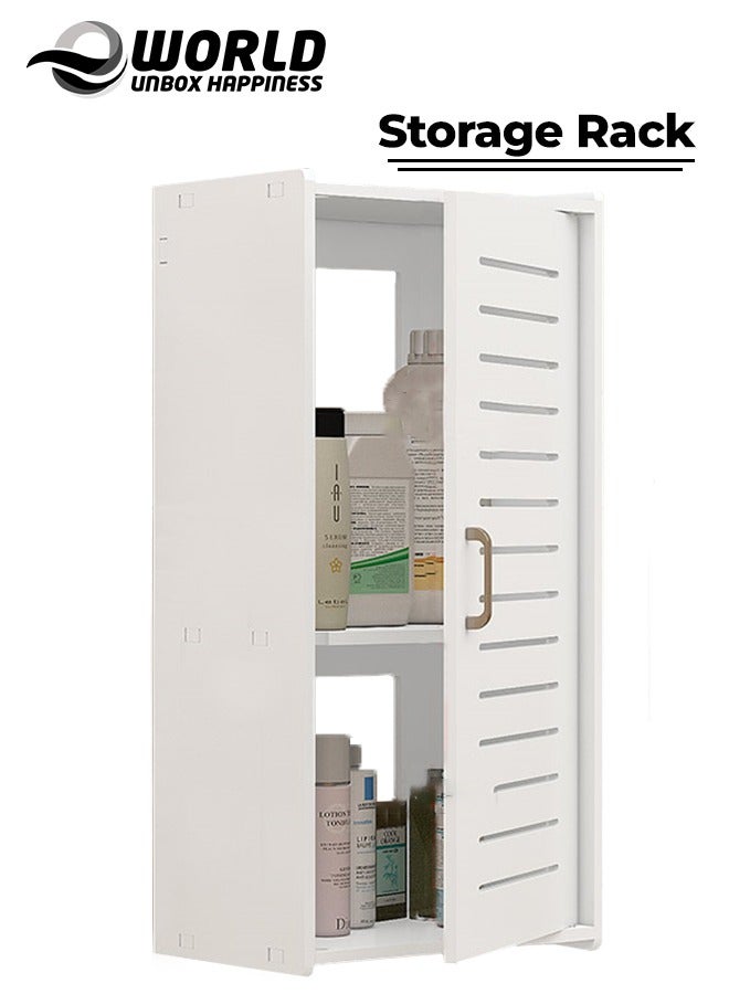 إي وورلد خزانة حمام معلقة على الحائط من البلاستيك بثلاثة طبقات، تتميز بباب واحد وتصميم منحوت بأناقة، ترفع أسلوب الحمام وتحسّن مساحة تخزين المرحاض. - Image 1