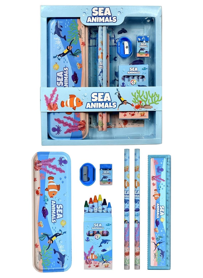 سي مجموعة أدوات مكتبية للأطفال من الأولاد والبنات - 6 في 1 عناصر مدرسية كرتونية للأطفال - صندوق أقلام، مجموعة ألوان، قلم رصاص، ممحاة، مسطرة ومبراة - هدية عودة عيد الميلاد للأطفال (حيوانات بحرية) - Image 1