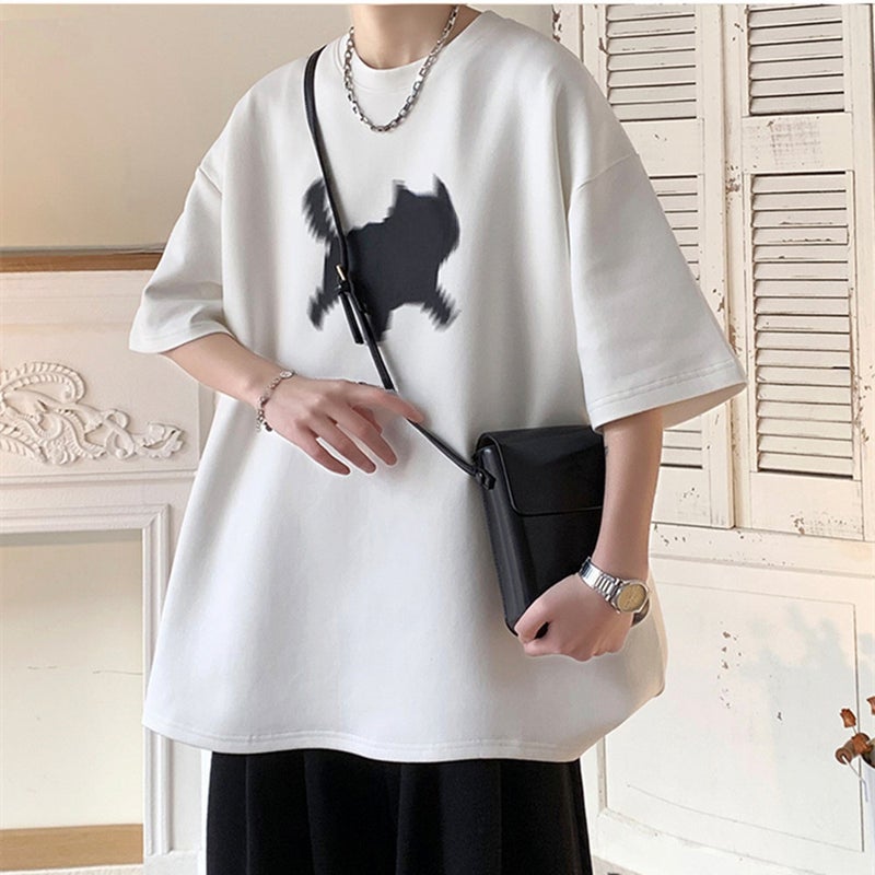 Cat Printed Heavy T-Shirt Mens Fashionable Brand Summer American Style Retro Clothes Short Sleeve Design Sense Cotton Half Sleeve Fashionable Apricot - Image 4