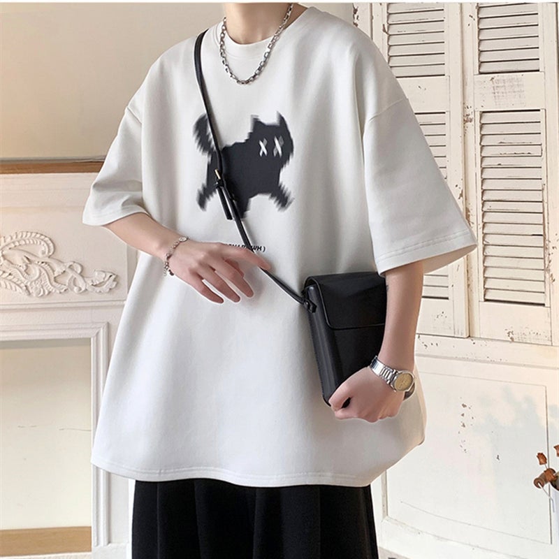 Cat Printed Heavy T-Shirt Mens Fashionable Brand Summer American Style Retro Clothes Short Sleeve Design Sense Cotton Half Sleeve Fashionable Apricot - Image 2