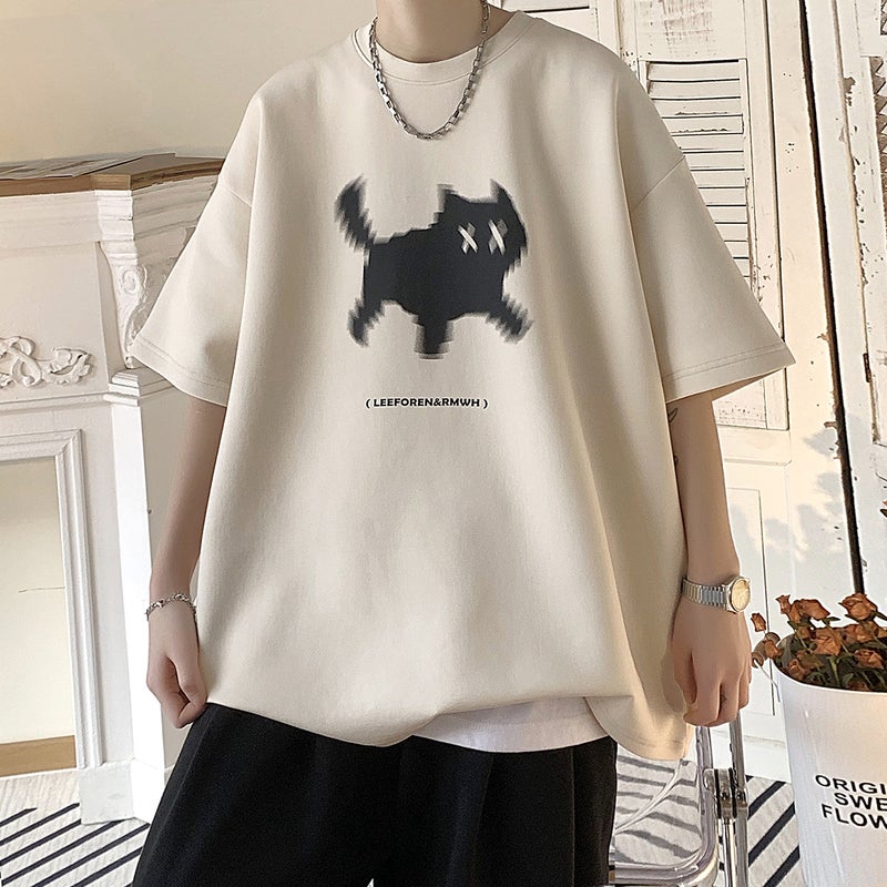 Cat Printed Heavy T-Shirt Mens Fashionable Brand Summer American Style Retro Clothes Short Sleeve Design Sense Cotton Half Sleeve Fashionable Apricot - Image 1