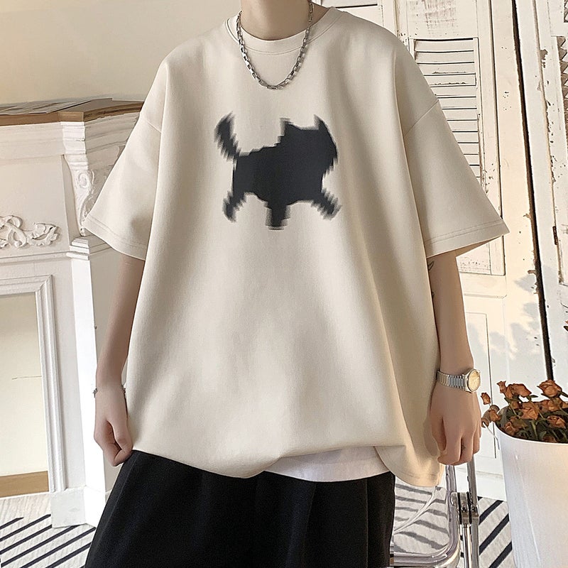 Cat Printed Heavy T-Shirt Mens Fashionable Brand Summer American Style Retro Clothes Short Sleeve Design Sense Cotton Half Sleeve Fashionable Apricot - Image 5