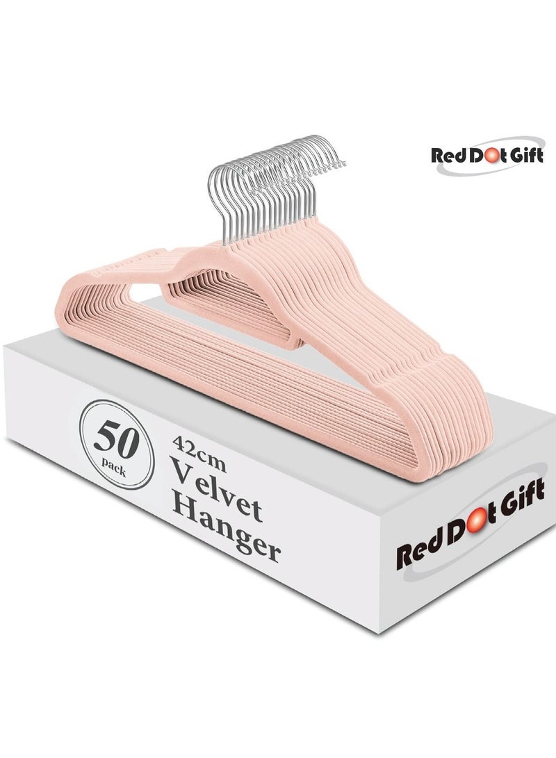 Red Dot Gift 50 Pieces 42cm Pink Non-Slip Velvet Clothes Hanger with 360 Degree Rotatable Hook Durable and Slim - Image 1