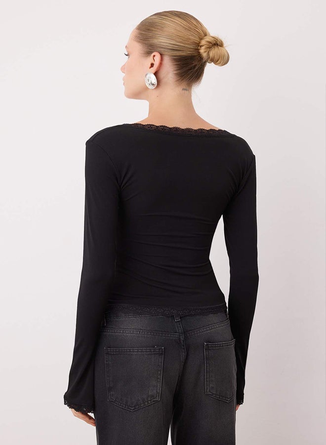 trendyol Black Lace Detailed Square Neck Knitted Party Blouse - Image 4